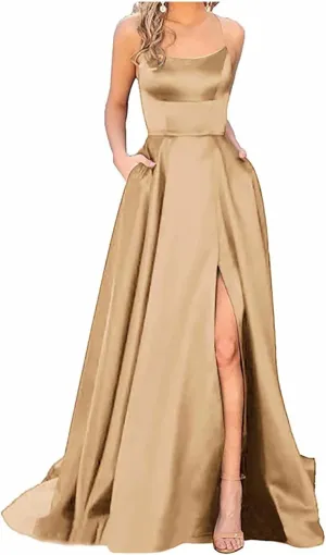 Satin Prom Dresses for Women 2025 Elegant Spaghetti Straps Formal Evening Dress Blackless Maxi Gown with Slit