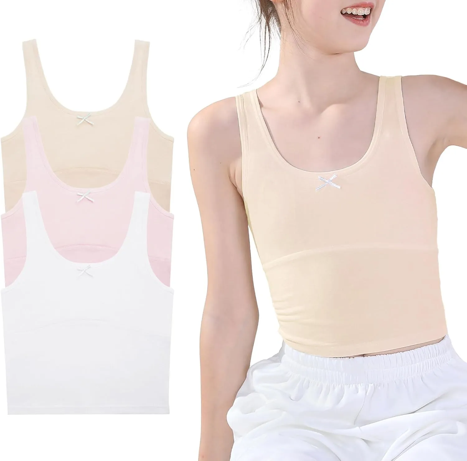 SEAUR Kids Girls Cami Tank Top Sleeveless Cotton Undershirts Breathable Camisoles with Shelf Bras