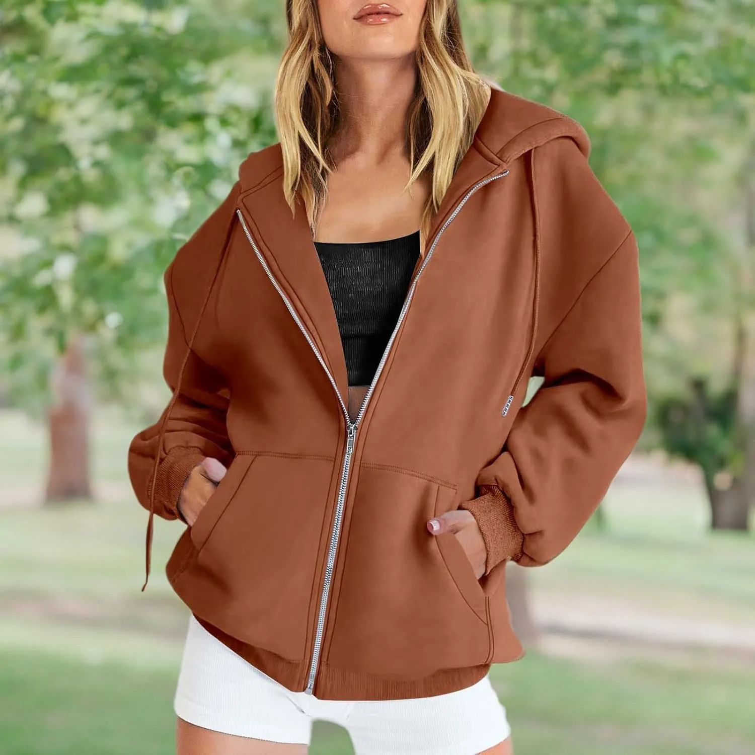 SHAOBGE Fall Sweatshirts for Women Zip Up Hoodies Oversized Sweatshirt Y2K Clothing Casual Drawstring Jacket with Pockets