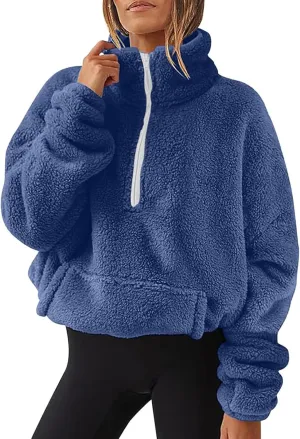 Sherpa Half Zip Pullover Women Oversized Quarter Zip Cropped Sweatshirt Fuzzy Fleece Lined Zip Up Hoodie with Pockets