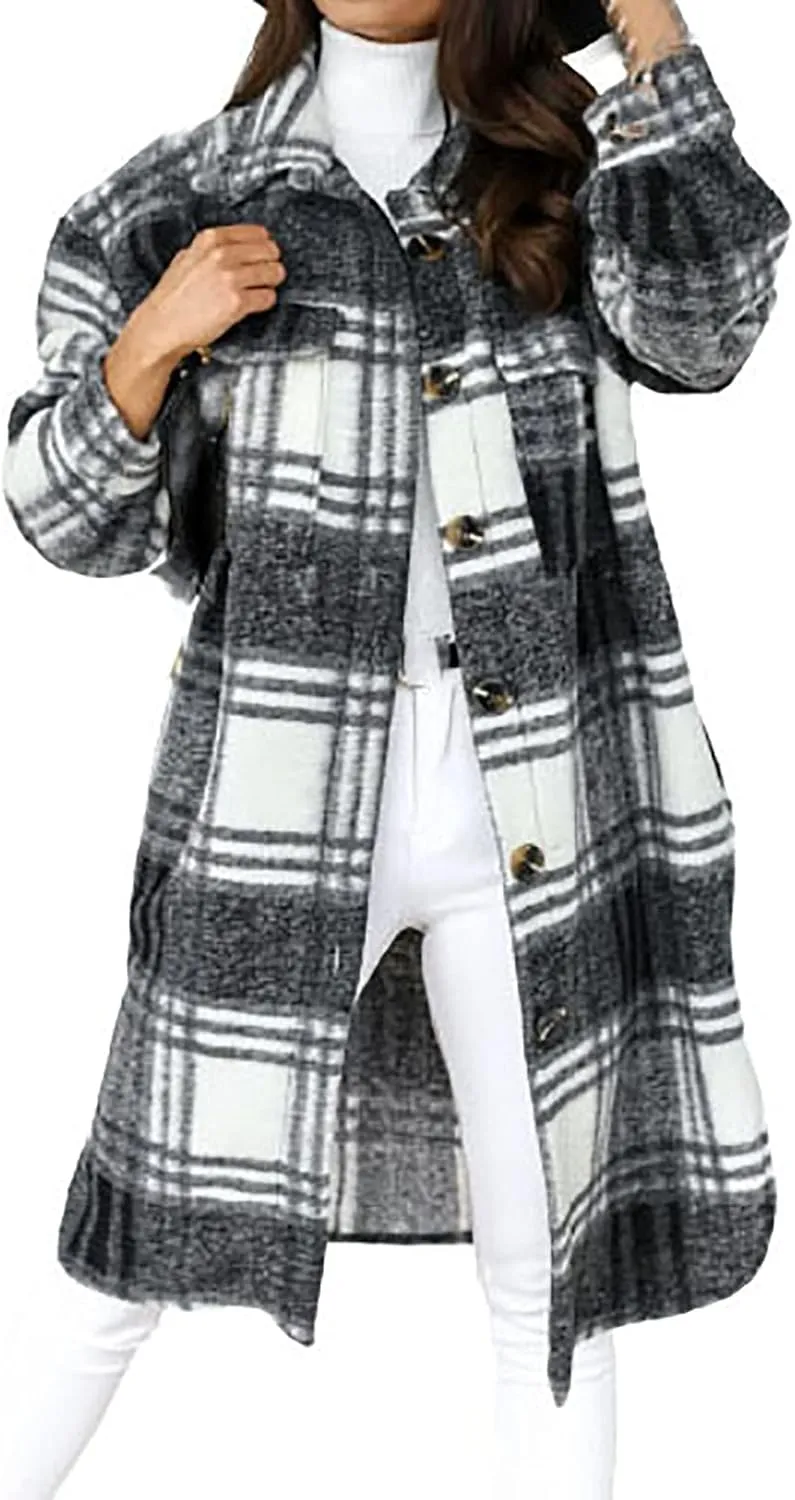 SHOPESSA Mid Length Winter Trench Coats for Women Casual Wool Blend Coat Button Down Plaid Shirts Long Shacket Jackets