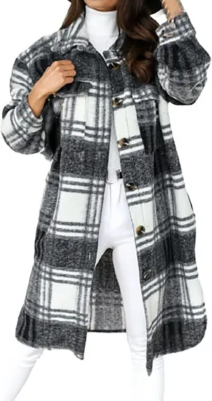 SHOPESSA Mid Length Winter Trench Coats for Women Casual Wool Blend Coat Button Down Plaid Shirts Long Shacket Jackets