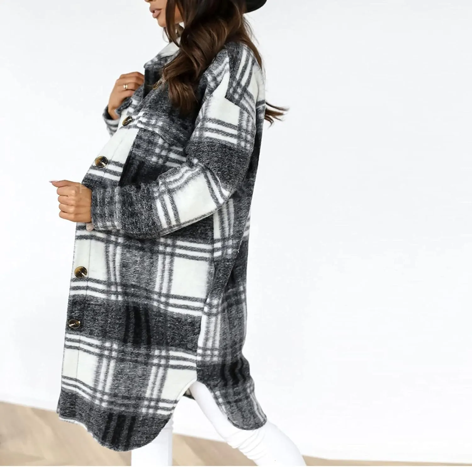 SHOPESSA Mid Length Winter Trench Coats for Women Casual Wool Blend Coat Button Down Plaid Shirts Long Shacket Jackets