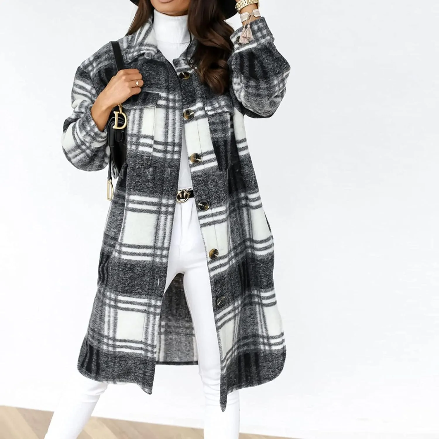 SHOPESSA Mid Length Winter Trench Coats for Women Casual Wool Blend Coat Button Down Plaid Shirts Long Shacket Jackets