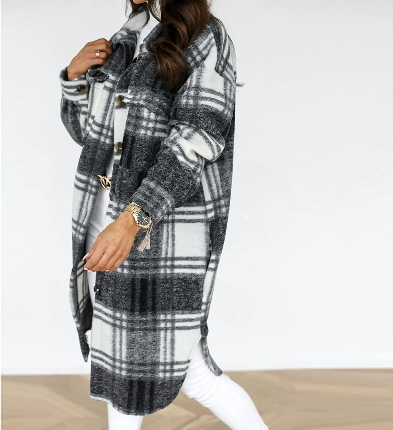 SHOPESSA Mid Length Winter Trench Coats for Women Casual Wool Blend Coat Button Down Plaid Shirts Long Shacket Jackets