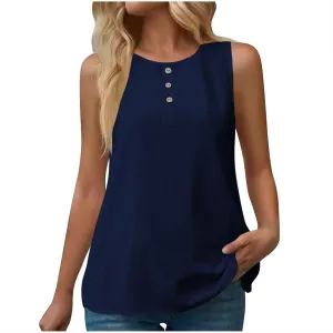 Simple Basic Tank for Women 2025 Button Embellished Solid Camisole Sleeveless Round Neck Top Lightweight Resort Shirt