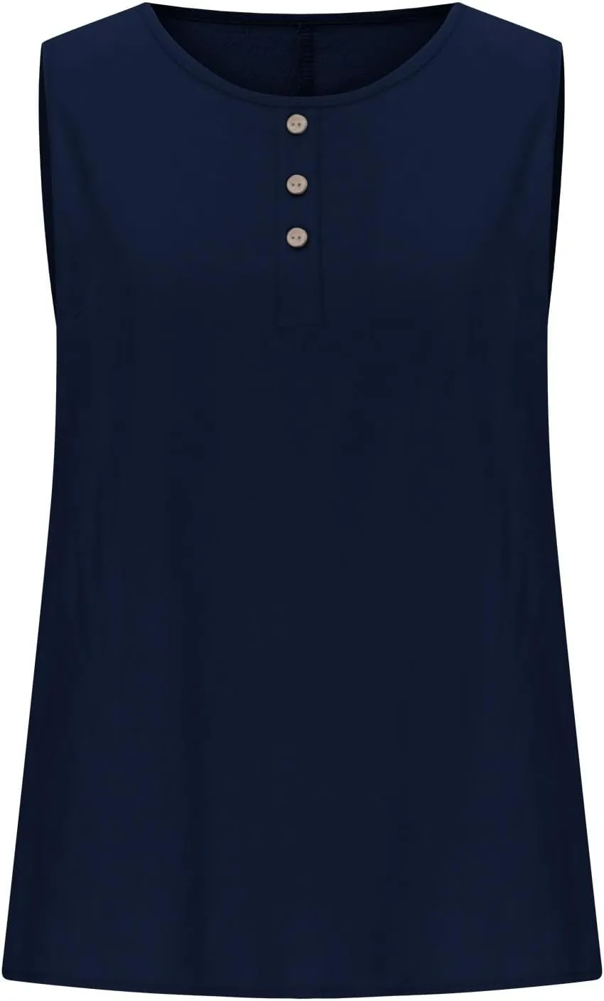 Simple Basic Tank for Women 2025 Button Embellished Solid Camisole Sleeveless Round Neck Top Lightweight Resort Shirt