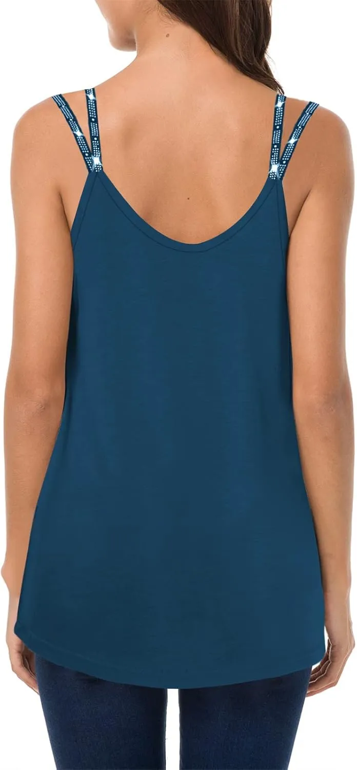 Soesdemo Dressy Tank Top for Women Casual Summer Floral Rhinestones Spaghetti Strap V Neck Sleeveless Tunic for Leggings