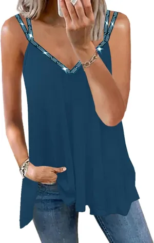 Soesdemo Dressy Tank Top for Women Casual Summer Floral Rhinestones Spaghetti Strap V Neck Sleeveless Tunic for Leggings