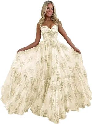 Spaghetti Strap Long Floral Prom Dress Ball Gown Sweetheart Chiffon Corset Print Formal Evening Dress for Women