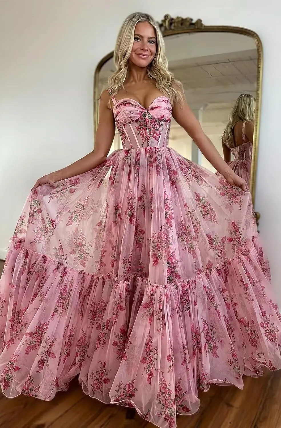 Spaghetti Strap Long Floral Prom Dress Ball Gown Sweetheart Chiffon Corset Print Formal Evening Dress for Women