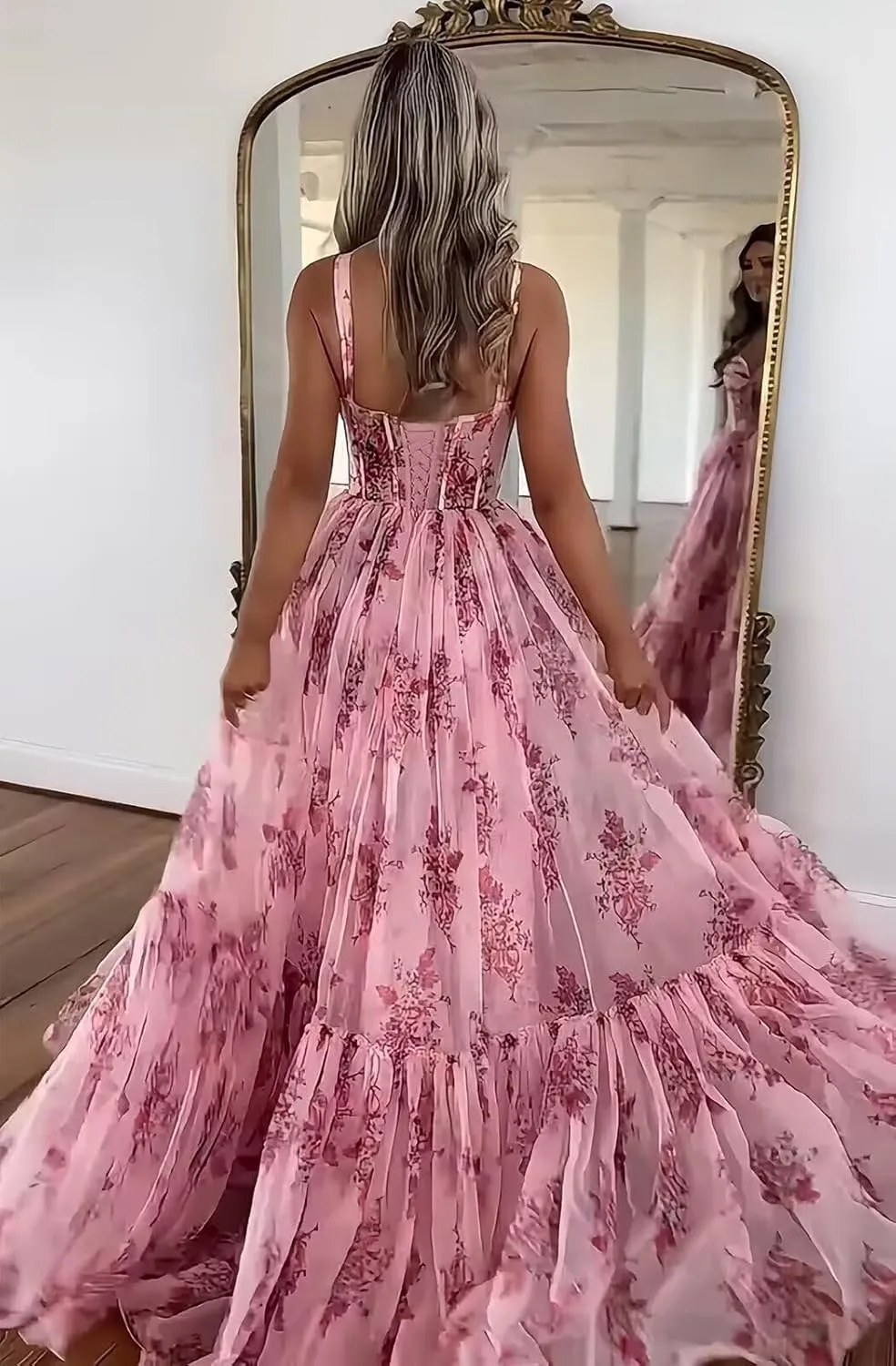 Spaghetti Strap Long Floral Prom Dress Ball Gown Sweetheart Chiffon Corset Print Formal Evening Dress for Women