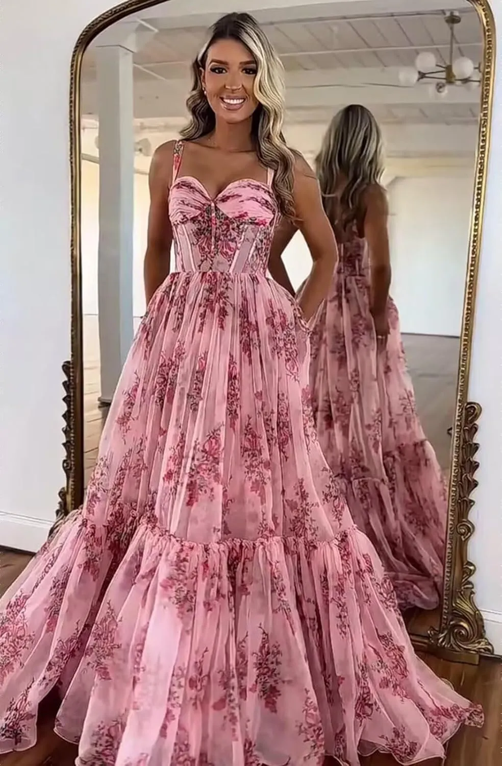 Spaghetti Strap Long Floral Prom Dress Ball Gown Sweetheart Chiffon Corset Print Formal Evening Dress for Women