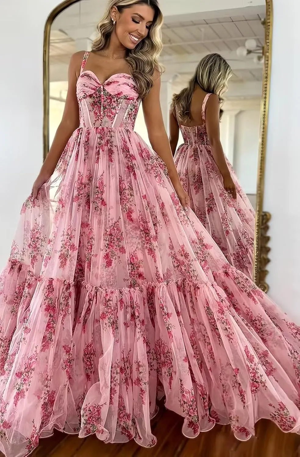 Spaghetti Strap Long Floral Prom Dress Ball Gown Sweetheart Chiffon Corset Print Formal Evening Dress for Women