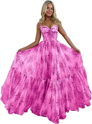 Spaghetti Strap Long Floral Prom Dress Ball Gown Sweetheart Chiffon Corset Print Formal Evening Dress for Women