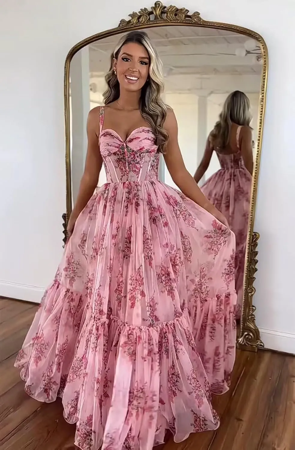 Spaghetti Strap Long Floral Prom Dress Ball Gown Sweetheart Chiffon Corset Print Formal Evening Dress for Women
