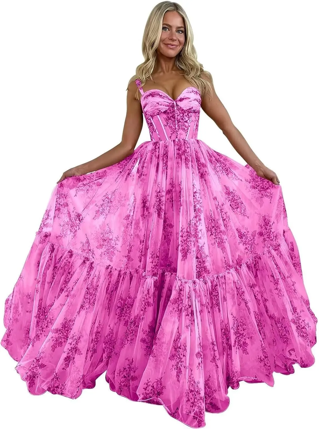 Spaghetti Strap Long Floral Prom Dress Ball Gown Sweetheart Chiffon Corset Print Formal Evening Dress for Women
