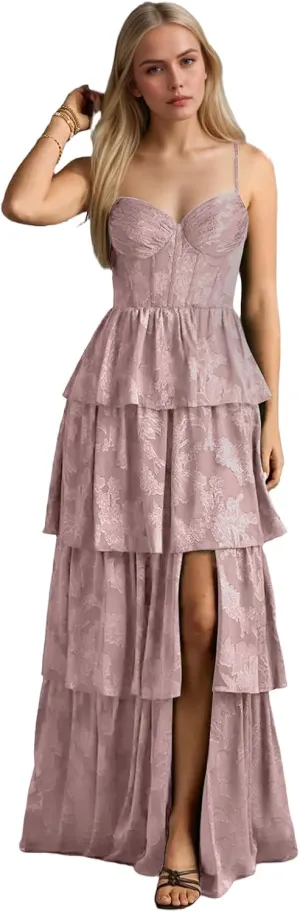 Spaghetti Straps Floral Prom Dresses for Women Long Tiered Ruffle Chiffon Formal Evening Gown with Slit EA034