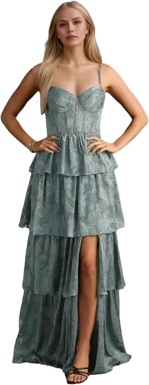 Spaghetti Straps Floral Prom Dresses for Women Long Tiered Ruffle Chiffon Formal Evening Gown with Slit EA034