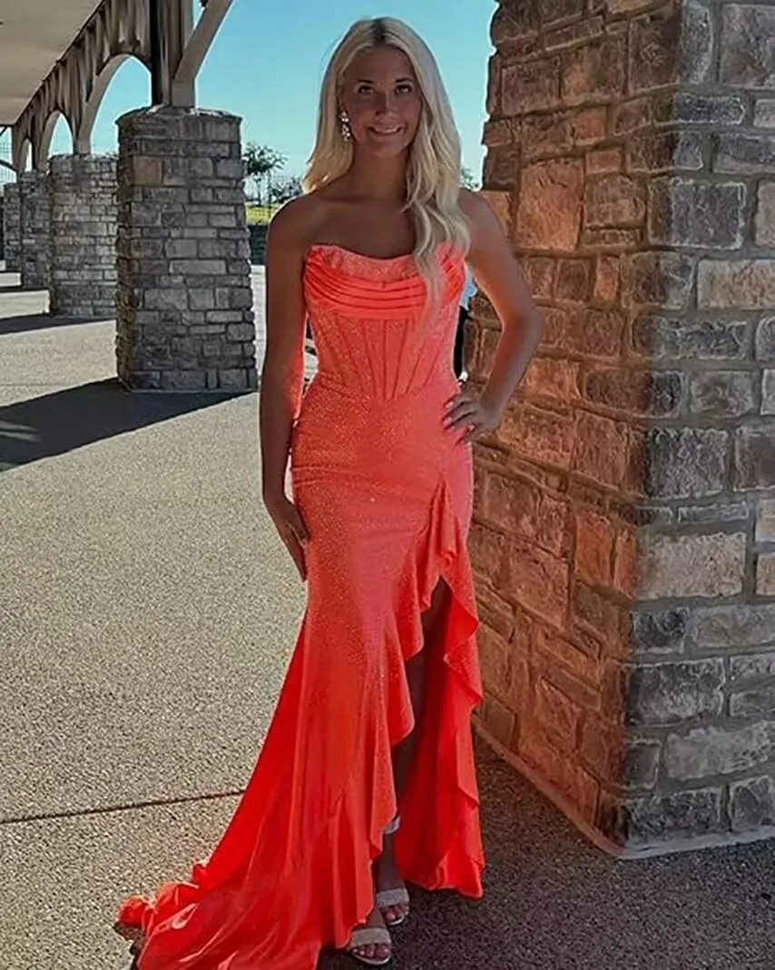 Sparkly Corset Prom Dresses 2025 Mermaid Satin Tea Party Dresses for Woman Long Split Evening Gown with Sequins