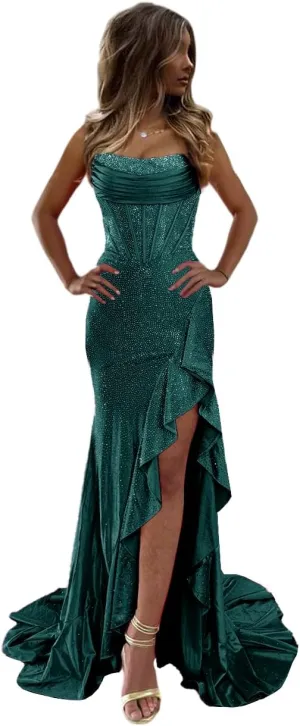 Sparkly Corset Prom Dresses 2025 Mermaid Satin Tea Party Dresses for Woman Long Split Evening Gown with Sequins