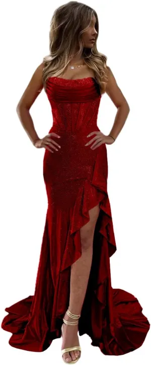 Sparkly Corset Prom Dresses 2025 Mermaid Satin Tea Party Dresses for Woman Long Split Evening Gown with Sequins