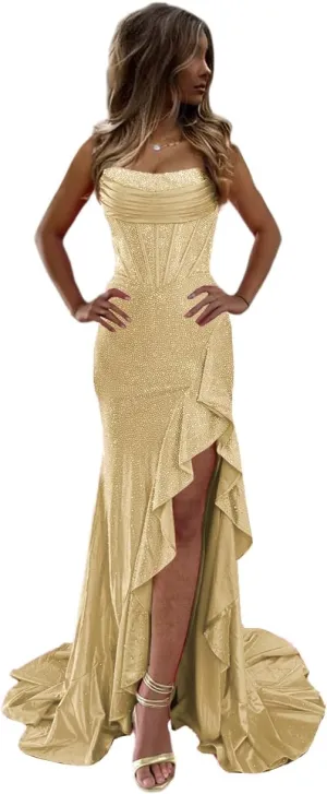 Sparkly Corset Prom Dresses 2025 Mermaid Satin Tea Party Dresses for Woman Long Split Evening Gown with Sequins