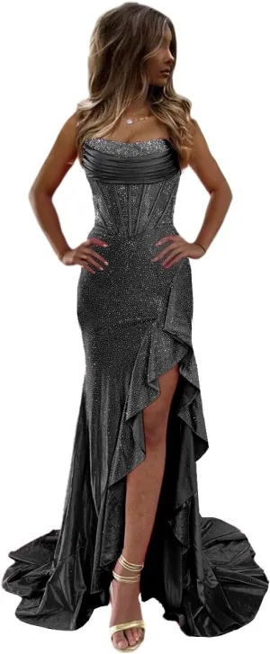 Sparkly Corset Prom Dresses 2025 Mermaid Satin Tea Party Dresses for Woman Long Split Evening Gown with Sequins