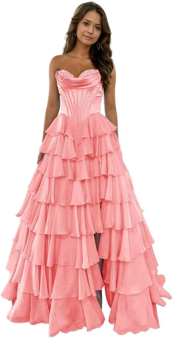 Strapless Prom Dresses for Women Tiered Chiffon Laces Formal Evening Party Gown with Slit ZX80