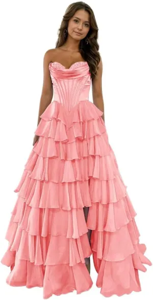 Strapless Prom Dresses for Women Tiered Chiffon Laces Formal Evening Party Gown with Slit ZX80