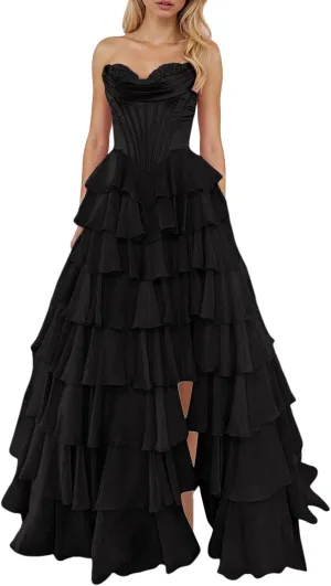 Strapless Satin Corset Prom Dress 2025 - Long Tiered Ruffle Chiffon Ball Gown A Line Formal Evening Dress with Slit