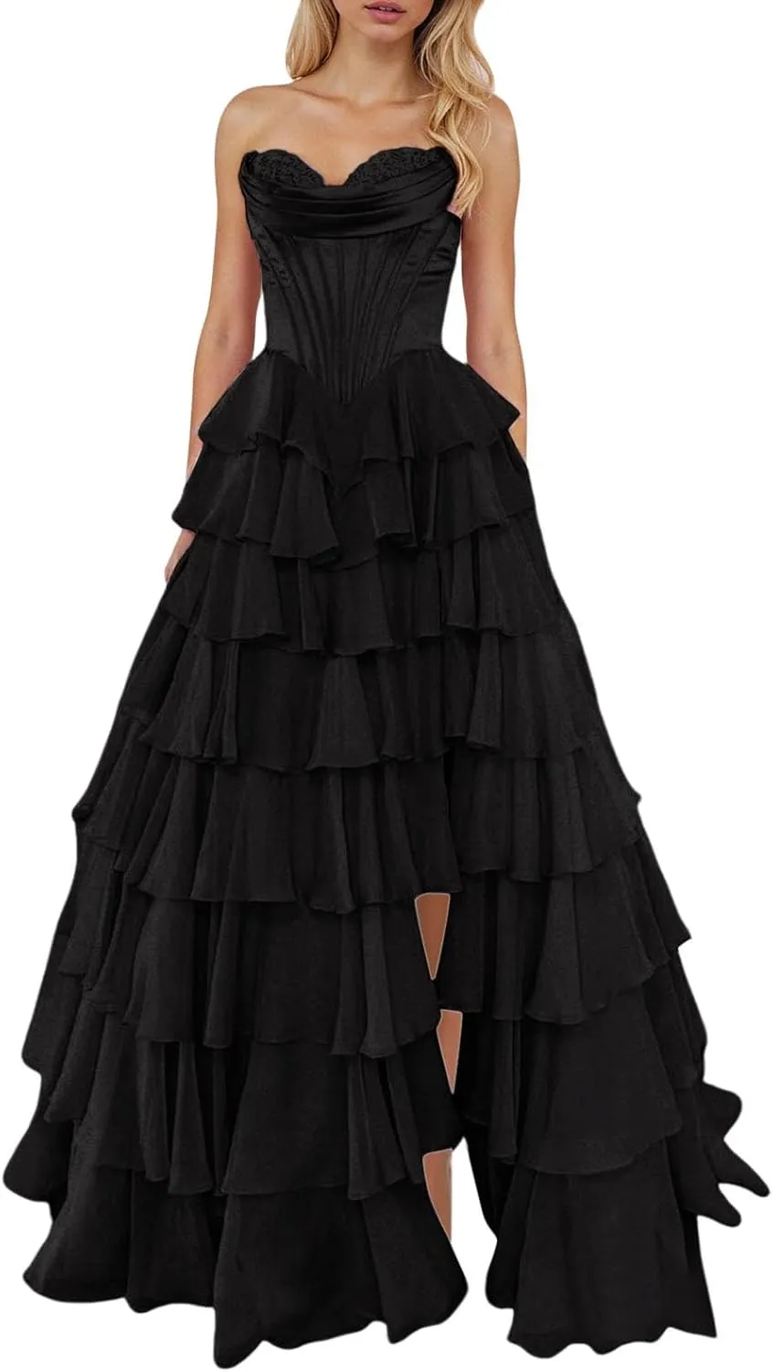Strapless Satin Corset Prom Dress 2025 - Long Tiered Ruffle Chiffon Ball Gown A Line Formal Evening Dress with Slit