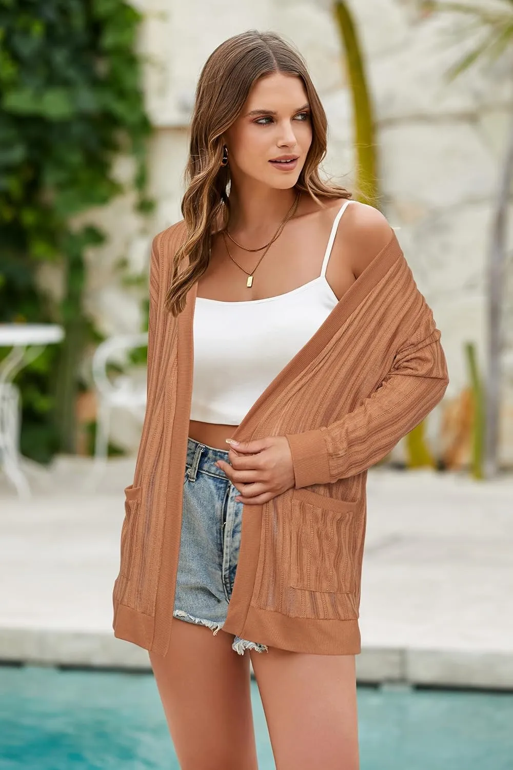 STYLEWORD Women's 2025 Summer Fashion Cardigan Lightweight Boho Knit Hollow Beach Cover Up Kimonos Open Front with Pockets