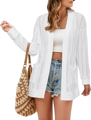 STYLEWORD Women's 2025 Summer Fashion Cardigan Lightweight Boho Knit Hollow Beach Cover Up Kimonos Open Front with Pockets