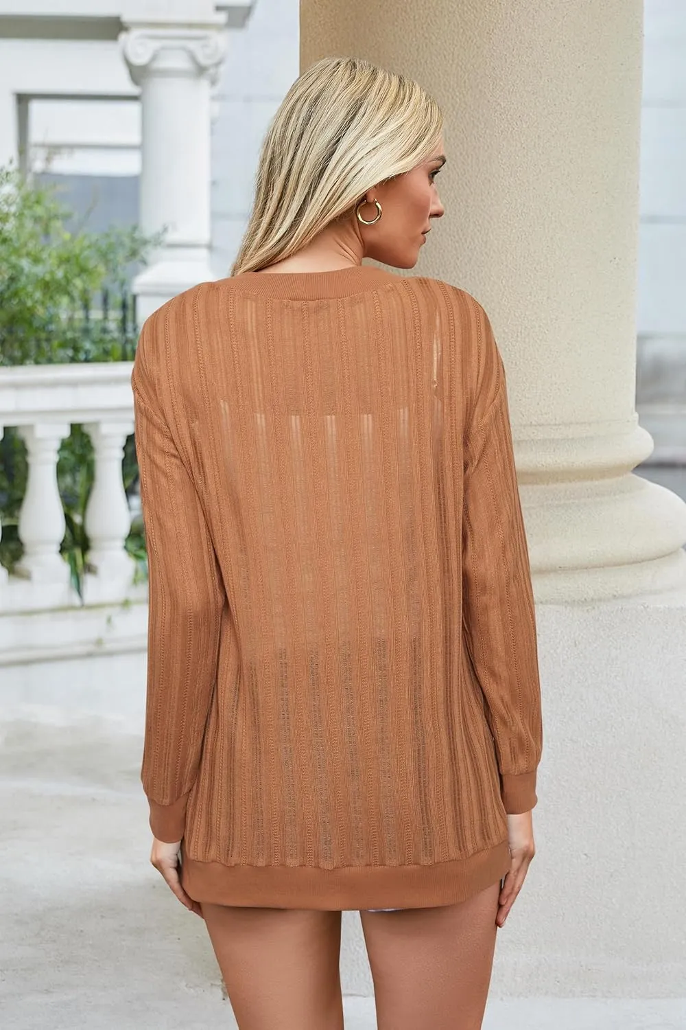 STYLEWORD Women's 2025 Summer Fashion Cardigan Lightweight Boho Knit Hollow Beach Cover Up Kimonos Open Front with Pockets