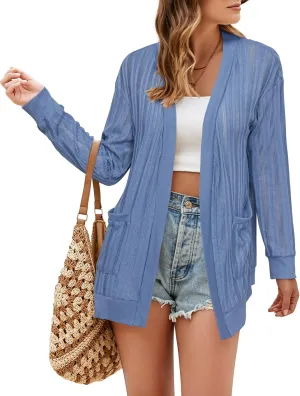 STYLEWORD Women's 2025 Summer Fashion Cardigan Lightweight Boho Knit Hollow Beach Cover Up Kimonos Open Front with Pockets