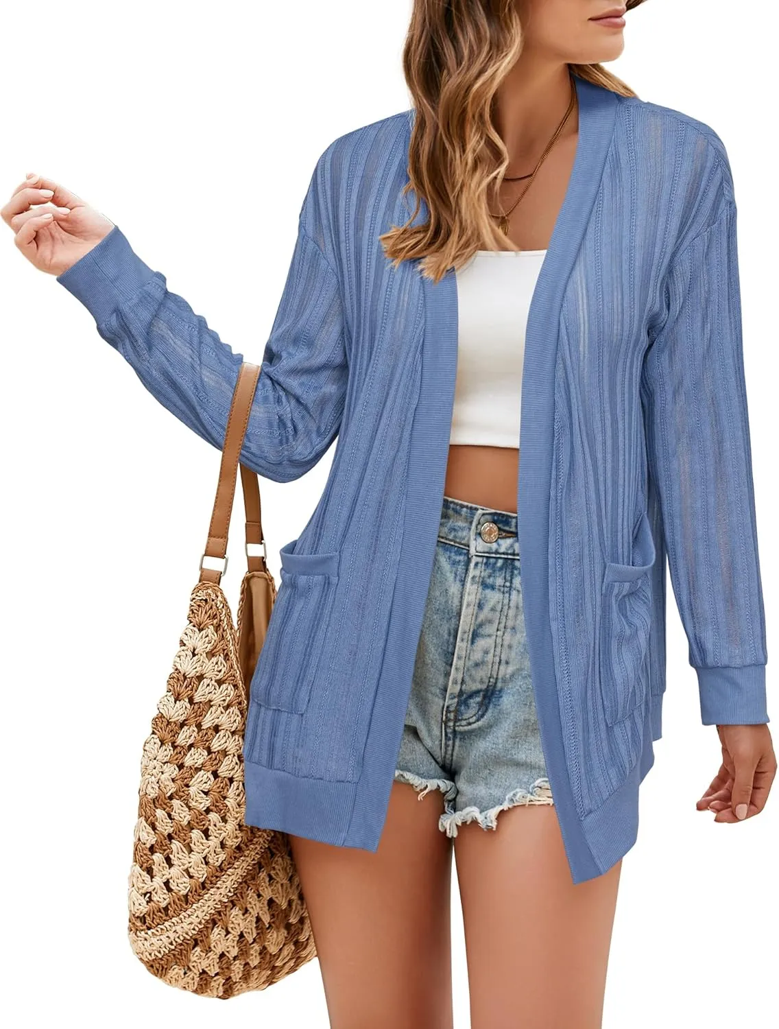 STYLEWORD Women's 2025 Summer Fashion Cardigan Lightweight Boho Knit Hollow Beach Cover Up Kimonos Open Front with Pockets