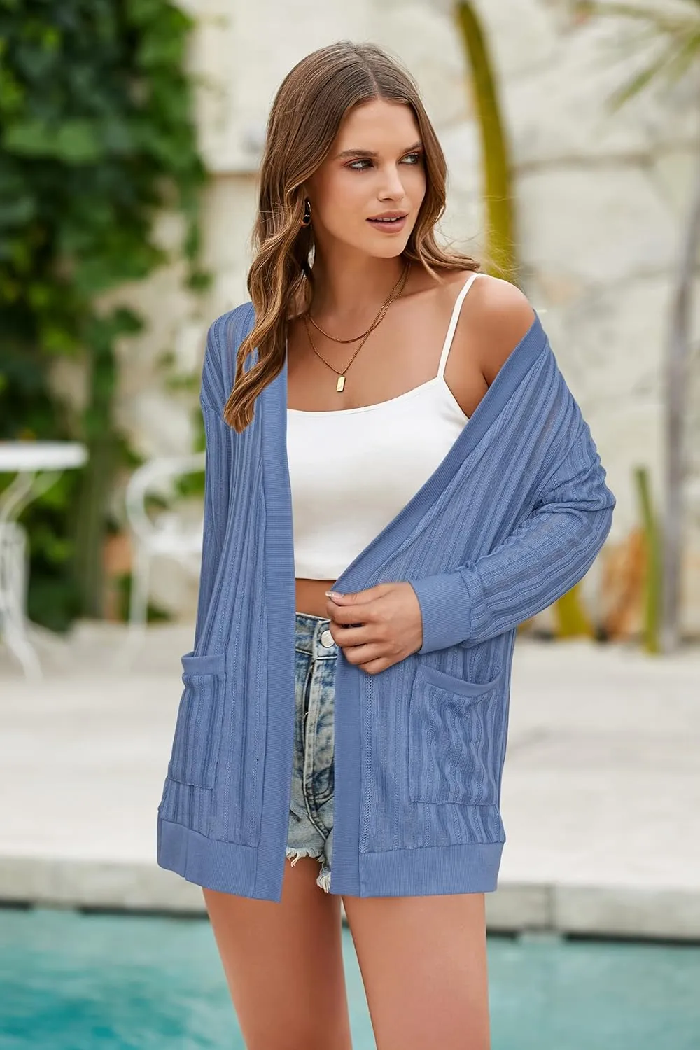STYLEWORD Women's 2025 Summer Fashion Cardigan Lightweight Boho Knit Hollow Beach Cover Up Kimonos Open Front with Pockets