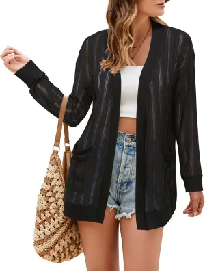 STYLEWORD Women's 2025 Summer Fashion Cardigan Lightweight Boho Knit Hollow Beach Cover Up Kimonos Open Front with Pockets