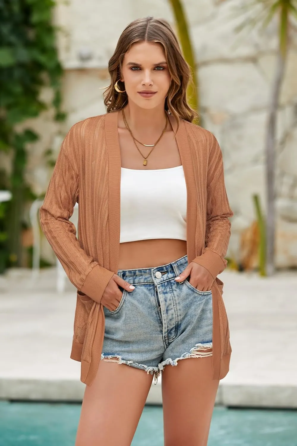 STYLEWORD Women's 2025 Summer Fashion Cardigan Lightweight Boho Knit Hollow Beach Cover Up Kimonos Open Front with Pockets