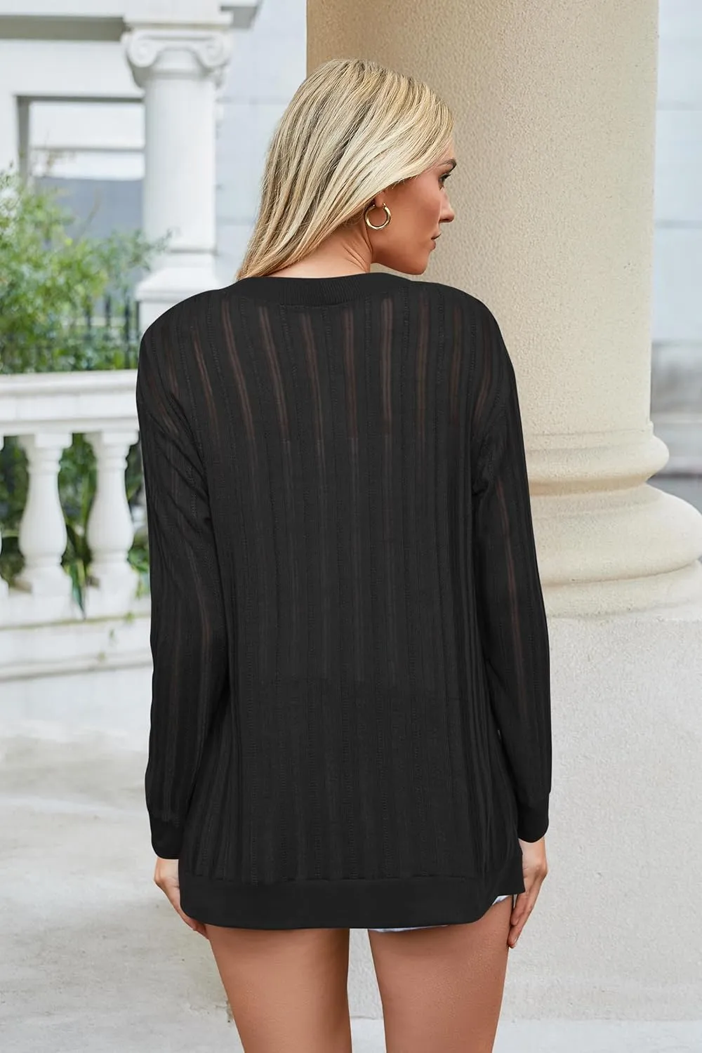 STYLEWORD Women's 2025 Summer Fashion Cardigan Lightweight Boho Knit Hollow Beach Cover Up Kimonos Open Front with Pockets
