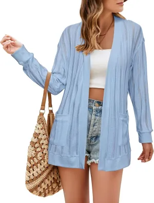 STYLEWORD Women's 2025 Summer Fashion Cardigan Lightweight Boho Knit Hollow Beach Cover Up Kimonos Open Front with Pockets