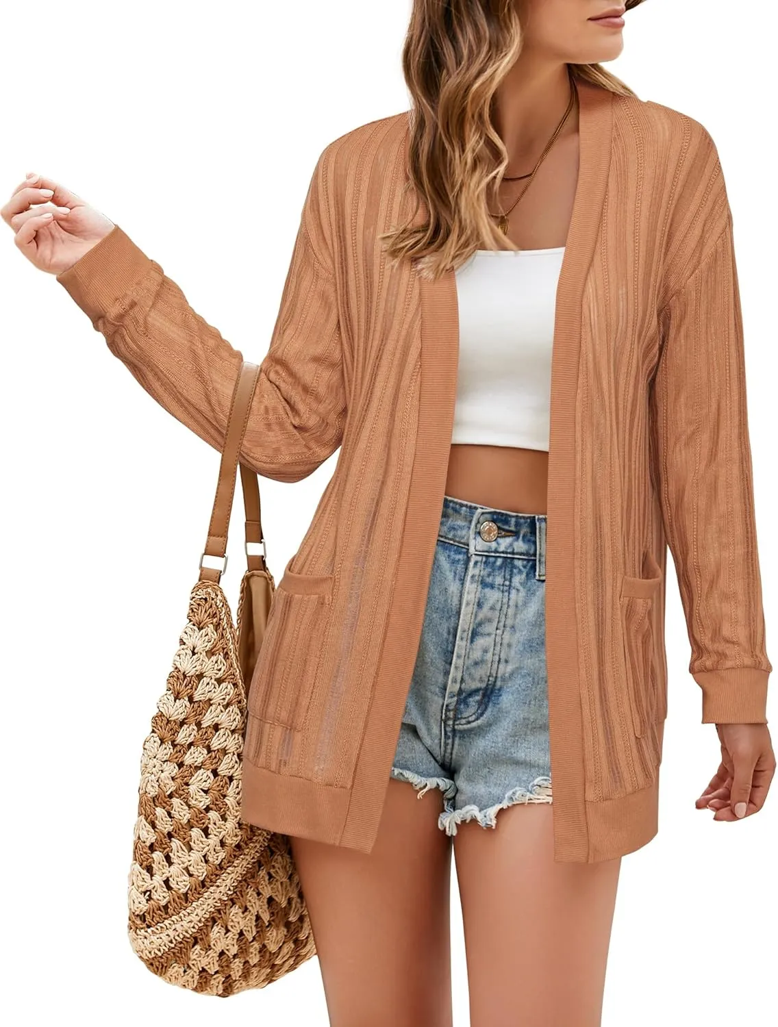 STYLEWORD Women's 2025 Summer Fashion Cardigan Lightweight Boho Knit Hollow Beach Cover Up Kimonos Open Front with Pockets