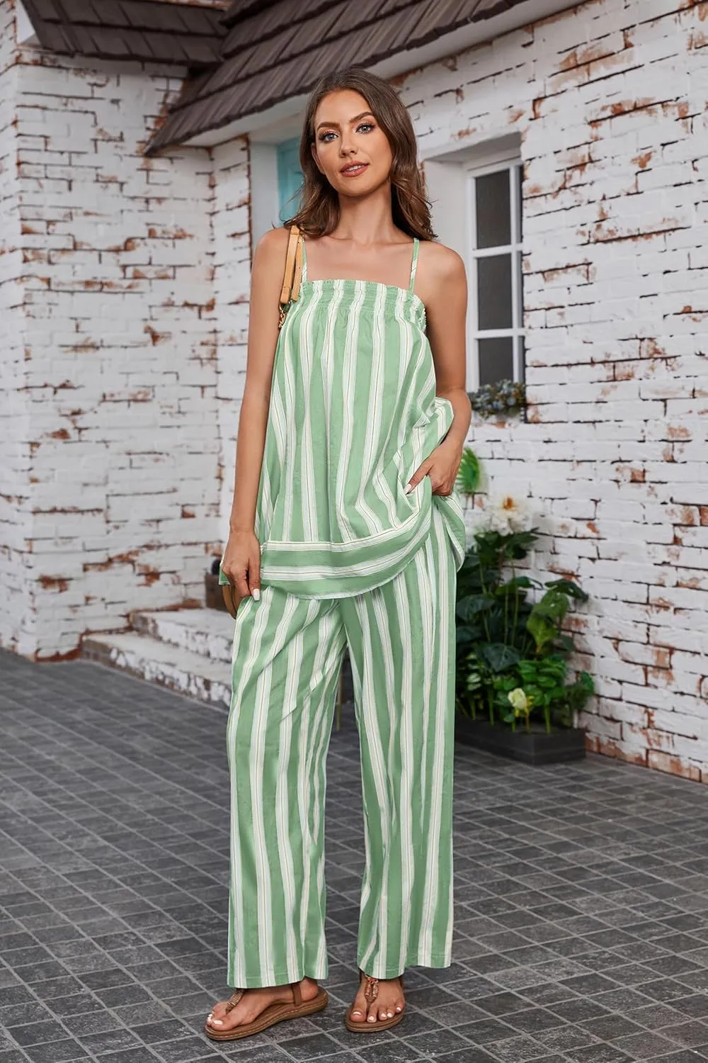 Summer Cute Sleeveless Striped Tank Top for Women Y2K Smocked Spaghetti Strap Camisole Tops Color Block Babydoll Tops
