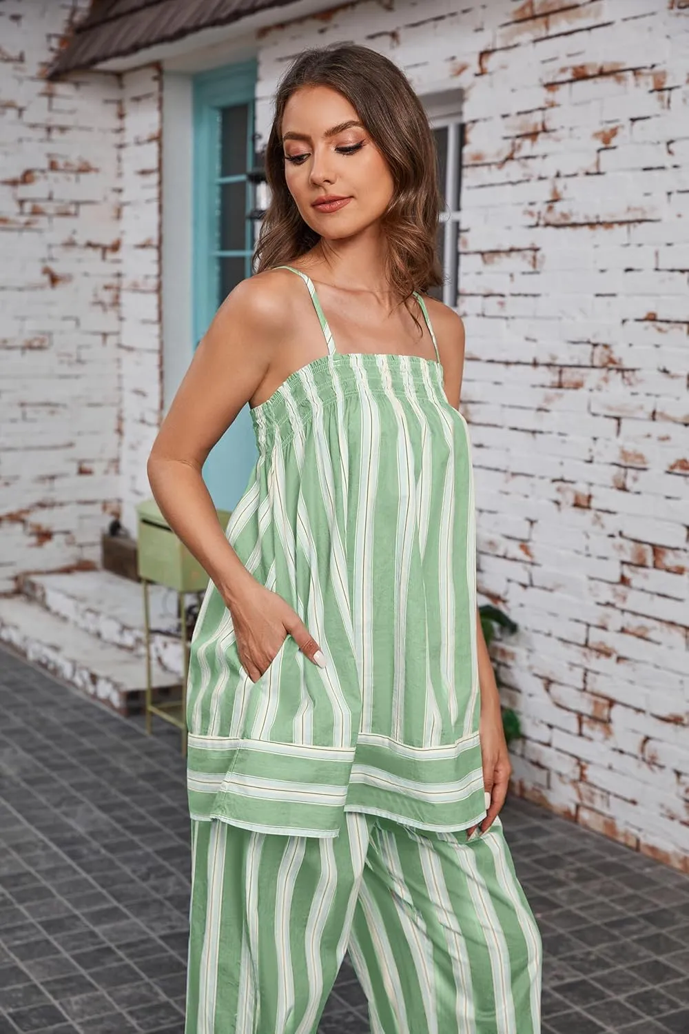 Summer Cute Sleeveless Striped Tank Top for Women Y2K Smocked Spaghetti Strap Camisole Tops Color Block Babydoll Tops