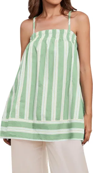 Summer Cute Sleeveless Striped Tank Top for Women Y2K Smocked Spaghetti Strap Camisole Tops Color Block Babydoll Tops