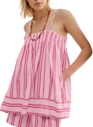 Summer Cute Sleeveless Striped Tank Top for Women Y2K Smocked Spaghetti Strap Camisole Tops Color Block Babydoll Tops