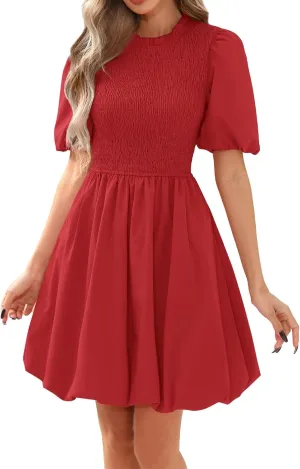 Summer Dresses for Women 2025 Boho Puff Dresses Short Sleeve Crewneck Mini Dress High Waist Ruffle Hem A Line Dress