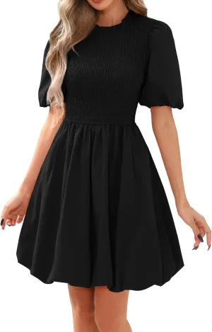 Summer Dresses for Women 2025 Boho Puff Dresses Short Sleeve Crewneck Mini Dress High Waist Ruffle Hem A Line Dress