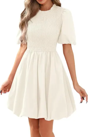 Summer Dresses for Women 2025 Boho Puff Dresses Short Sleeve Crewneck Mini Dress High Waist Ruffle Hem A Line Dress